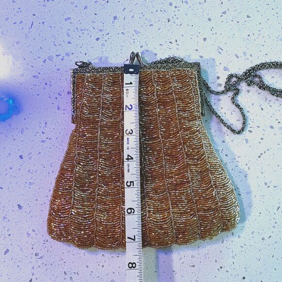 Vintage Beaded Evening Bag Gold Bronze Glass Beads Chain Strap - Picture 7 of 8